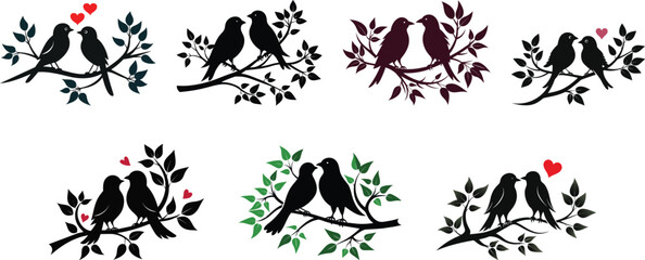 Two birds on branch loving each other, silhouette set vector illustration 