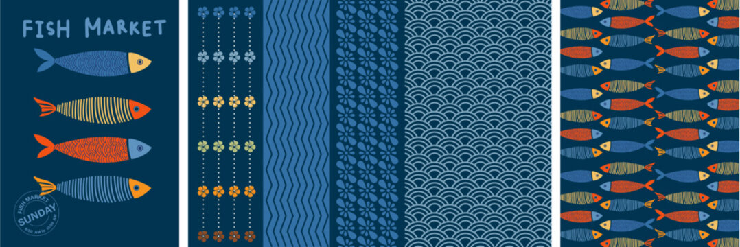Vibrant Fish Market Pattern hand-drawn fish illustrations and stylish patterns with waves, flowers, and scales on a deep blue background
