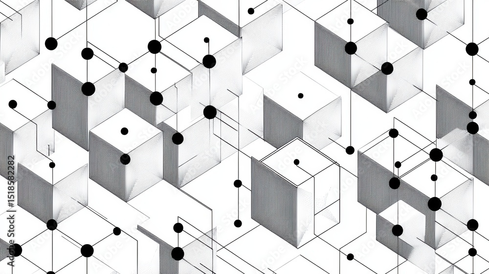 Poster abstract geometric pattern of interconnected cubes with dots at vertices. black lines and dots on a 
