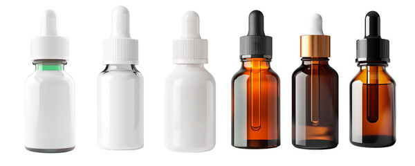 Set of dropper bottles of natural medicine, brown glass bottles, white plastic bottle, cut out white background