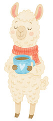 Cute llama with red scarf and blue coffee cup, cozy watercolor animal illustration