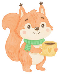 Cute squirrel with green scarf and yellow coffee cup, watercolor forest animal illustration