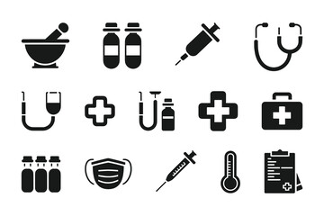 Medical and Pharmaceutical Icon Set  Vector Healthcare Symbols for Medicine, Pharmacy, and Hospital Use.