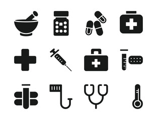 Medical and Pharmaceutical Icon Set  Vector Healthcare Symbols for Medicine, Pharmacy, and Hospital Use.
