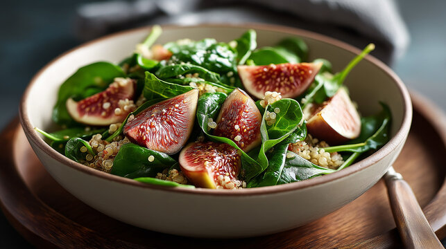 Green salad with fresh figs and couscous served in ceramic bowl, bright healthy food with natural light - Powered by Adobe