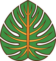 Stylized Monstera Leaf Illustration with Brown Outline and Yellow Veins on White Background Perfect for Tropical Designs and Summer Themed Projects and Creative Graphic Elements