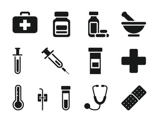 Medical and Pharmaceutical Icon Set  Vector Healthcare Symbols for Medicine, Pharmacy, and Hospital Use.