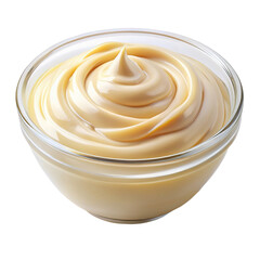 Creamy smooth mayonnaise in glass bowl isolated on transparent background