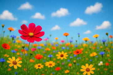 Fototapeta premium Vibrant wildflowers bloom in a sunny meadow under a bright blue sky with fluffy white clouds, a picturesque springtime scene.