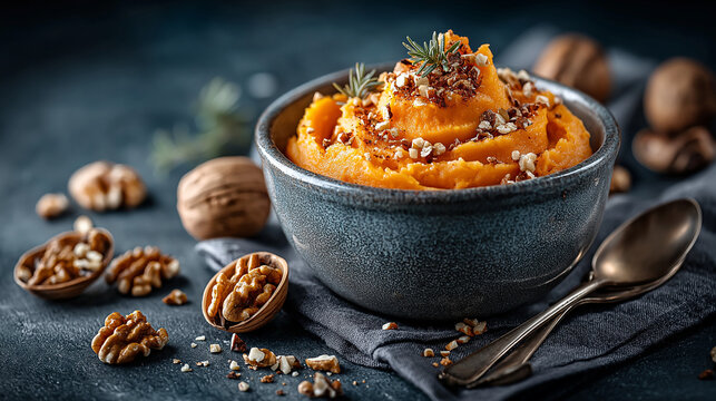 Roasted mashed pumpkin with walnuts and herbs in black ceramic bowl, autumn comfort food close-up