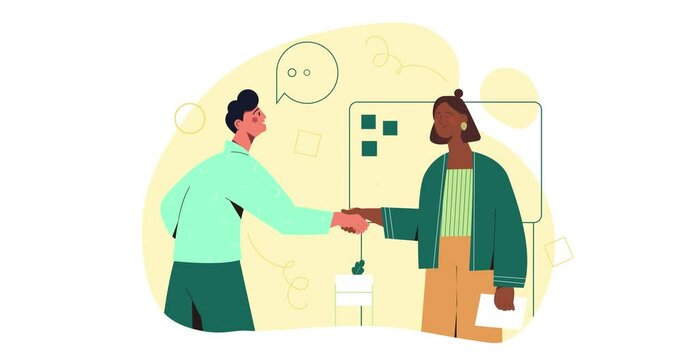 Business activity scene. Moving banner with male and female entrepreneurs shaking hands as sign of partnership. Deal or Agreement. Teamwork of employees. Flat graphic animated cartoon