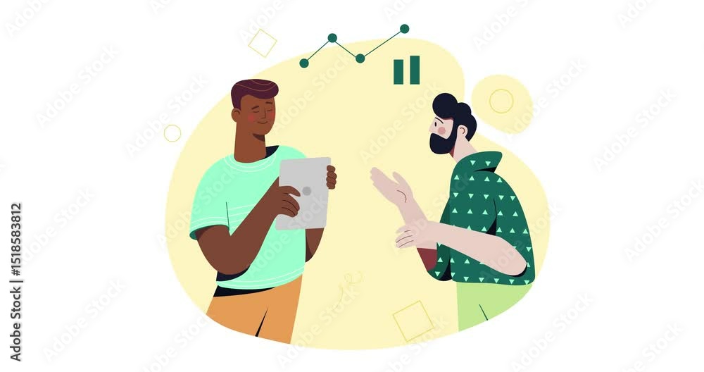 Poster business activity scene. moving banner with office workers analyzing charts and diagrams and discuss