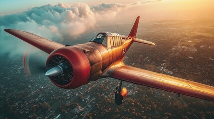 A vintage airplane soars above the city at sunset