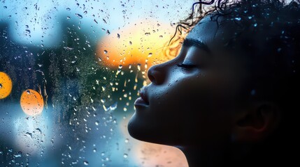 A patients silhouette against a rain-streaked window, luminous memories of childhood laughter radiating from their closed eyes