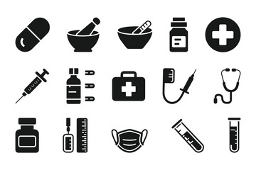 Medical and Pharmaceutical Icon Set  Vector Healthcare Symbols for Medicine, Pharmacy, and Hospital Use.