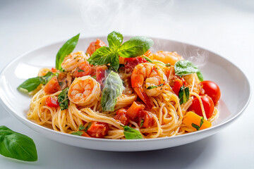Spaghetti with shrimps, tomato and chopped parsley. AI generative