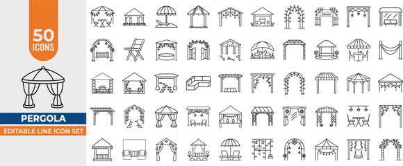 50 Editable Line Icons of Pergolas, Gazebos, anopy, shelter, arbor, seating, patio, trellis, Outdoor Structures Editable stroke. Vector illustration