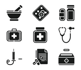 Medical and Pharmaceutical Icon Set  Vector Healthcare Symbols for Medicine, Pharmacy, and Hospital Use.