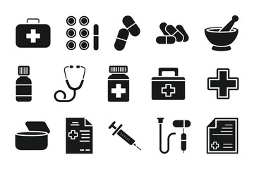 Medical and Pharmaceutical Icon Set  Vector Healthcare Symbols for Medicine, Pharmacy, and Hospital Use.