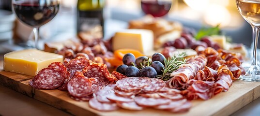 Artisan Meat and Cheese Board with Wine Tasting Ambiance and Blank Space Reserved for Brand or Product Placement