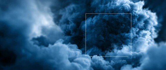 Blue storm cloud formation pulsates with light in a square frame, simulated as volumetric fog in a digital environment.