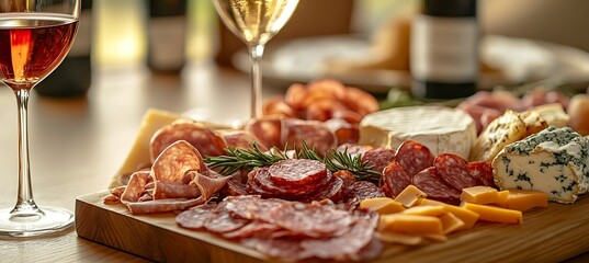 Artisan Meat and Cheese Board with Wine Tasting Ambiance and Blank Space Reserved for Brand or Product Placement