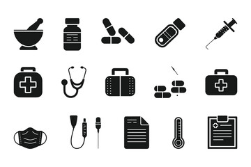 Medical and Pharmaceutical Icon Set  Vector Healthcare Symbols for Medicine, Pharmacy, and Hospital Use.