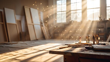 Sunlit artist studio workspace with dust motes and paintbrushes