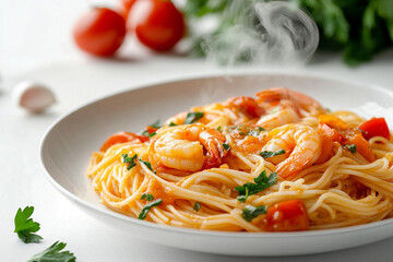 Spaghetti with shrimps, tomato and chopped parsley. AI generative