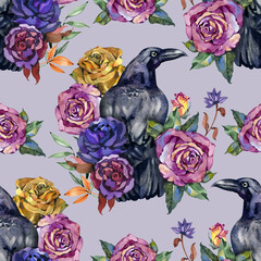 Watercolor vintage seamless pattern. Raven birds with roses. Halloween gothic seamless pattern with creepy birds and flowers in goth style. Watercolor spooky background for scary design
