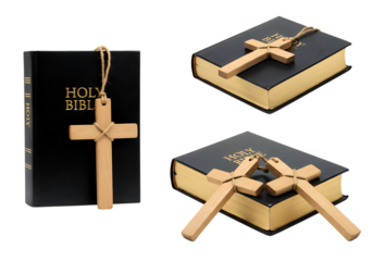 holy bible with wooden cross and gold edges - religious christian symbols isolated on transparent background