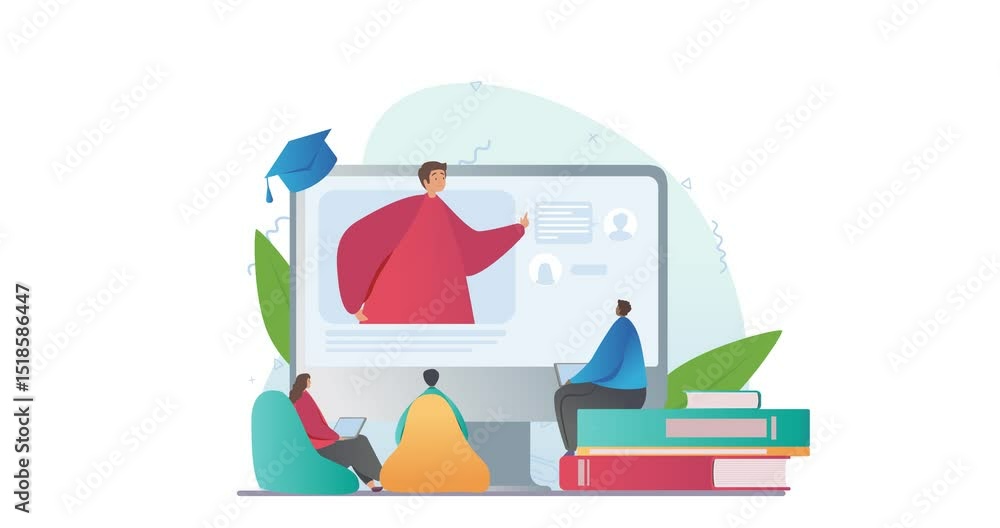 Aufkleber educational web seminar. moving banner with group of students sitting on books and listening to onli