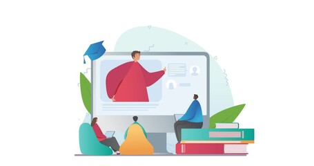 Educational web seminar. Moving banner with group of students sitting on books and listening to online lecture on computer. E learning and distance studying. Flat graphic animated cartoon - Powered by Adobe