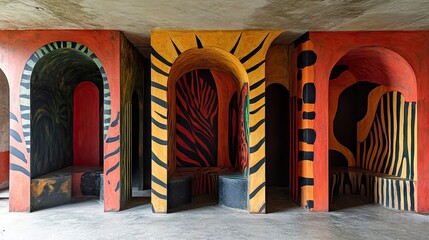 Colorful arched alcoves decorated with animal print murals.