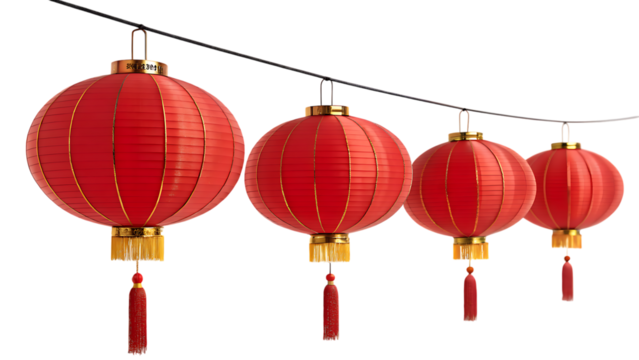 Vibrant red lanterns hung on a string for cultural celebration. They cast a festive glow with their intricate design and warm color