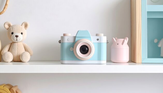 Playful moments captured, a toy camera on shelf, exploring photography and still life