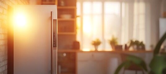 Premium Compact Mini Fridge Framed on the Left with Blurred Dorm or Office Interior for Clean Composition