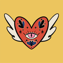 Sacred Mexican heart, my heart. Heart with eye and pattern. Cartoon style. Hand drawn color postcard. Love romantic concept. Fashion vector illustration.