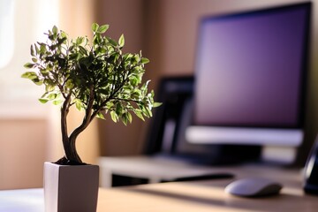 Close-up of a small bonsai tree on a modern office desk with warm natural light creating a zen and peaceful work environment