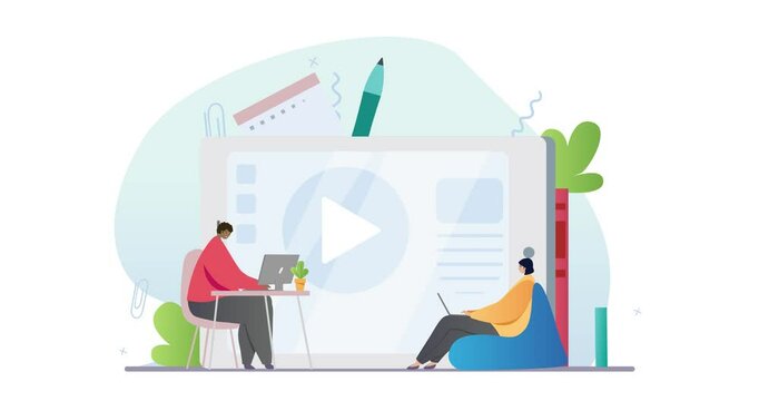 Educational web seminar. Moving banner with group of students listening to online webinar on digital device and gaining knowledge on online course. Distance learning. Flat graphic animated cartoon - Powered by Adobe