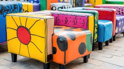 Colorful painted chairs in a row.