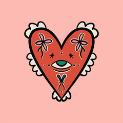 Sacred Mexican heart, my heart. Heart with eye and pattern. Cartoon style. Hand drawn color postcard. Love romantic concept. Fashion vector illustration.