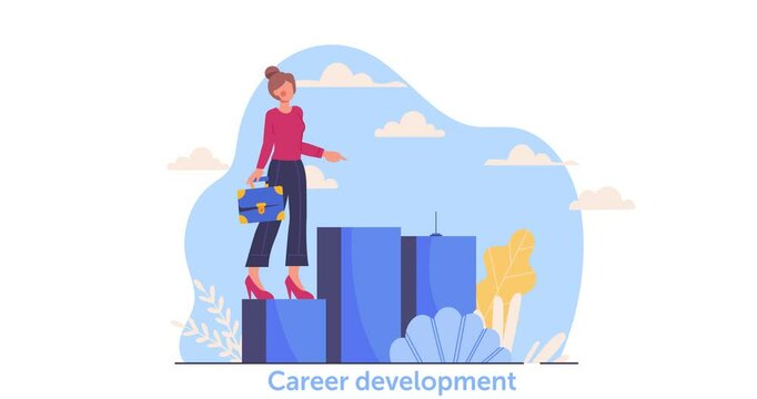 Career development. Moving banner with ambitious female entrepreneur striving to climb career ladder to achieve success and goals. Improvement of professional skills. Flat graphic animated cartoon