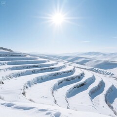 White icy terraced landscape under bright sunlight
