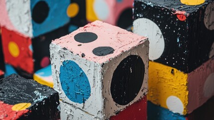 Colorful, painted, cubic shapes with polka dots.