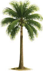 Detailed Coconut Tree Illustration with Cat Featuring Tropical Island Elements