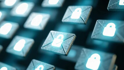 Floating digital envelopes and padlocks symbolize secure email communication and data protection in a modern, tech-driven environment. - Powered by Adobe