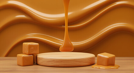wooden podium with caramel cube on melted texture background for product display