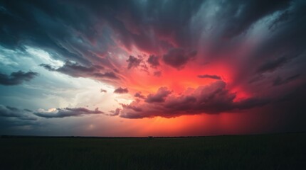 Vibrant sunset lights up dramatic clouds over the open landscape in a mesmerizing display of nature's beauty