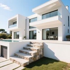 White Modern Villa with Stone Steps and Sunny Exterior
